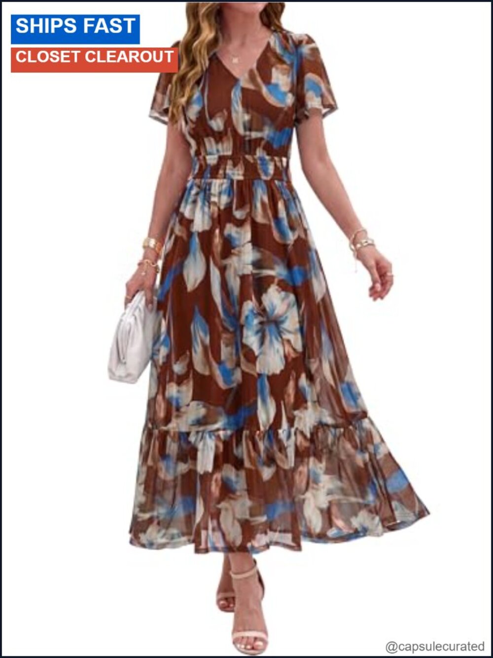 Womens Floral Maxi Dress Short Sleeve V Neck Smocked Waist Flowy Bohemian